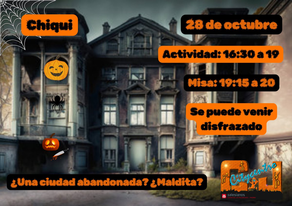 citycentro's tweet photo. Tras el puente y la convivencia volvemos a las actividades de los sábados:

-Chiqui y Preas tendremos actividades de Halloween (se puede venir disfrazado)

-Ados y Jotas iremos a ver el pasaje del @CJ_savio.

¡Ven a vivir una tarde terroríficamente divertida!

#UnSueñoParaTi https://t.co/EuBFRQnxXr