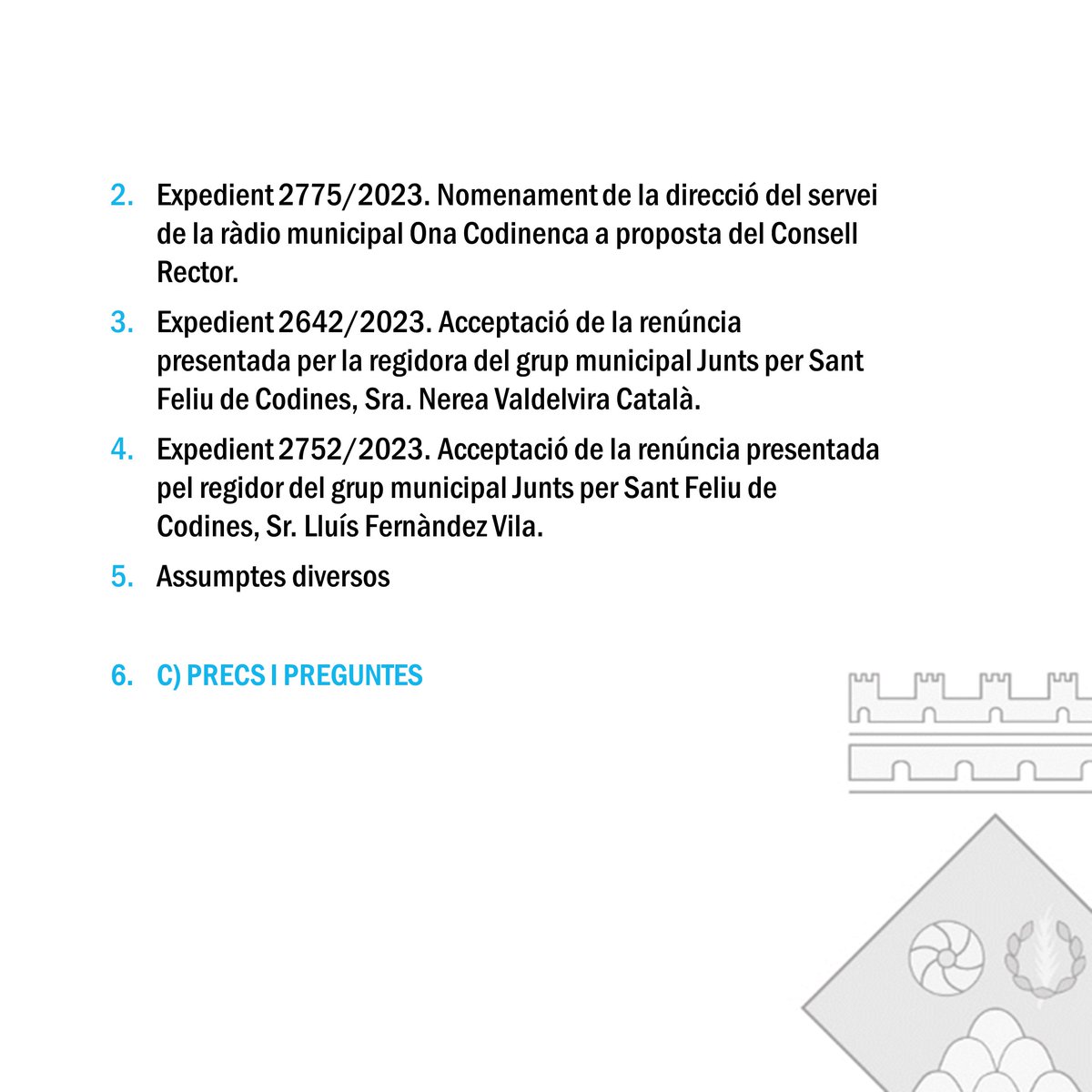 🏛️ #PleSantFeliudeCodines | Ple municipal - Sessió ordinària

📅 Dijous 26 d'octubre
🕧 A les 18.30h
📍 Sala de Plens de l'Ajuntament

📲 Es podrà seguir en directe al Canal de Youtube #canalcodinenc a youtube.com/@CanalCodinenc

Ordre el dia 👇