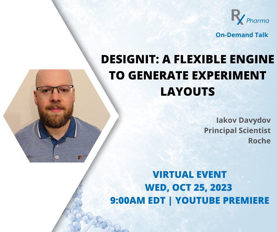 #rinpharma VIRTUAL EVENT!

Wed Oct 25 9 AM EDT | YouTube Premier! 

Designit: a flexible engine to generate experiment layouts by @idavydov @Roche!

youtube.com/watch?v=mvPmSQ…

#OpenSource #openscience #datascience #pharmaverse #rstats #studydesign