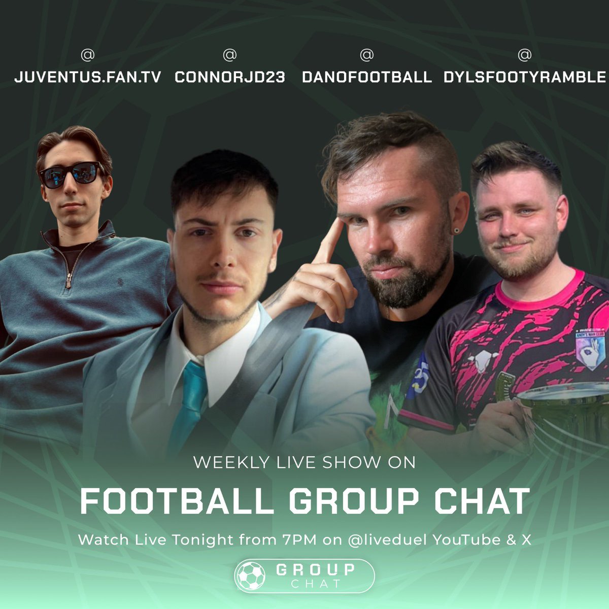 Tonight the @groupchathq is LIVE ⚽️ Tune in for all things football! Joined this evening by @dleggettmufc @DylsFootyRamble @ConnorJD23 @ Luca #footballpodcast