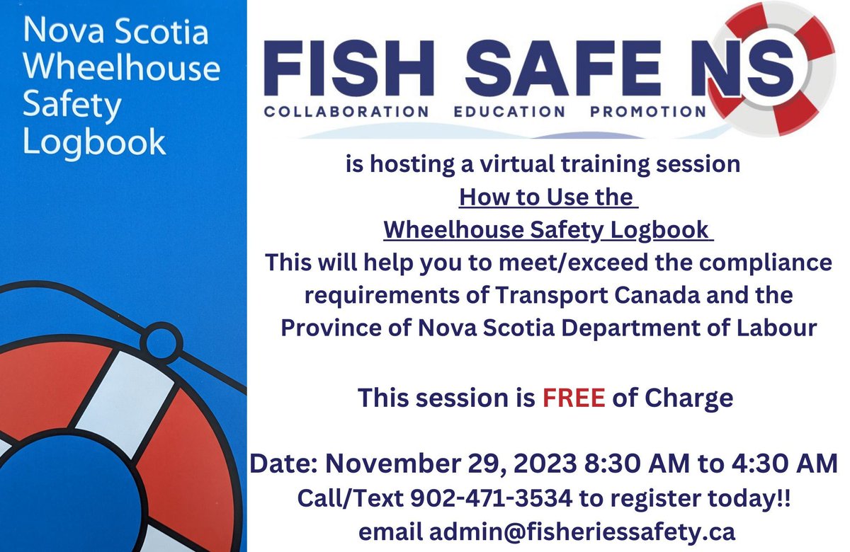📣 Attn Fish Harvesters! 📣
 
Fish Safe NS is hosting a free virtual session on how to fill out your Wheelhouse Safety Logbook on November 29th 📖

Contact us to register! 🛟