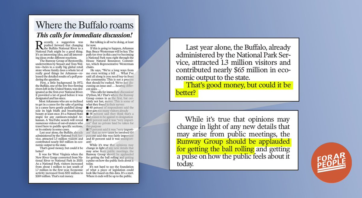 ForARPeople1's tweet photo. Disappointing to see the state's largest news outlet, the Democrat-Gazette, applaud shady, backroom deals between Sanders and the Runway group. For *whom* could the money be better, may we ask? #savetheBuffalo #arpx #arleg #onARwatch https://t.co/v0qEcESmrZ