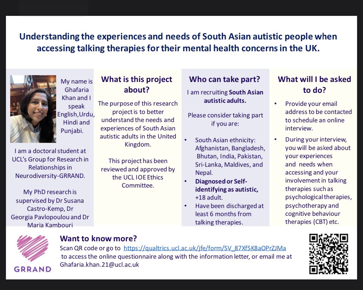 I would like to hear from more South Asian adults diagnosed with autism or self-identifying as autistic, on their experiences and needs of talking therapies in the UK. Please share @grrand_team @CRAE_IOE @DrRJChapman @milton_damian @BigBadBee @SCastro_Kemp @e_mine_gurbuz