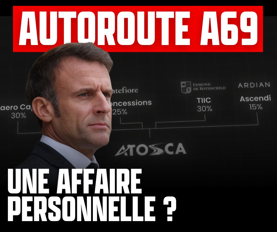 Nouvelles révélations dans le scandale de l'A69 !

Atosca, le concessionnaire de la future autoroute, est détenu et dirigé par des très proches du président Macron. Ils ont contribué au financement de ses campagnes de 2017 et 2022.

De quoi expliquer son entêtement écocidaire ?