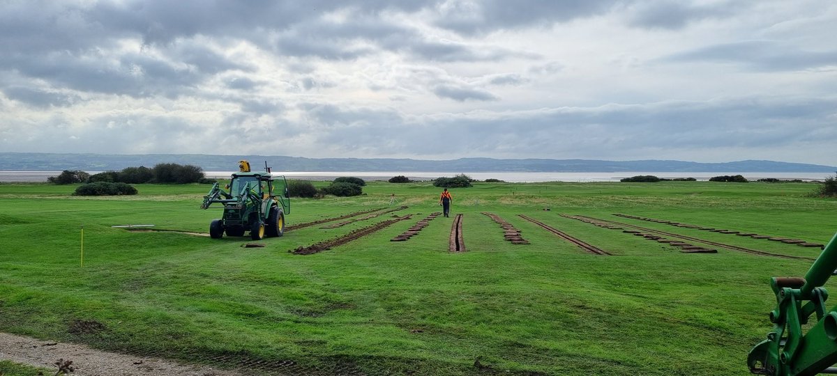 CaldygcGreens's tweet photo. Drainage trenching on 9 completed this morning, piped and gritted. Drainage on front 1st tee gritted and 10 tonne of rootzone spread over and rotavated in. Aerial view of the 4th shows current bunkering, back bunkers are to be removed. Pics to follow. https://t.co/qdNuuy9Hcp