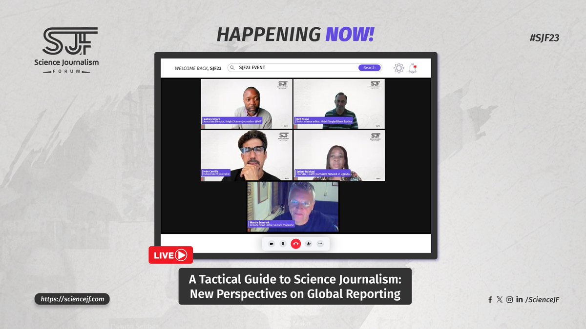 #Happening_Now #SJF23 Long-awaited Panel Discussion ”A Tactical Guide to Science Journalism: New Perspectives on Global Reporting” moderated by @ashleythesmart , featuring @Richard49945565 , Iván Carrillo, @Nakkazi , and @martinenserink . Brought by @KSJatMIT . #sjf23…