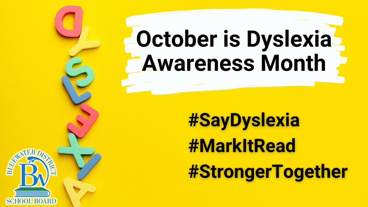 BluewaterDSB's tweet photo. Did you know that this is Dyslexia Awareness Month? The theme for 2023 is #StrongerTogether as we raise awareness and promote inclusion, belonging, and the need to ensure proper supports for students with dyslexia.  Learn more: https://t.co/5pV7tbeXBD #SayDyslexia #MarkItRead https://t.co/kPsvGn9WRo