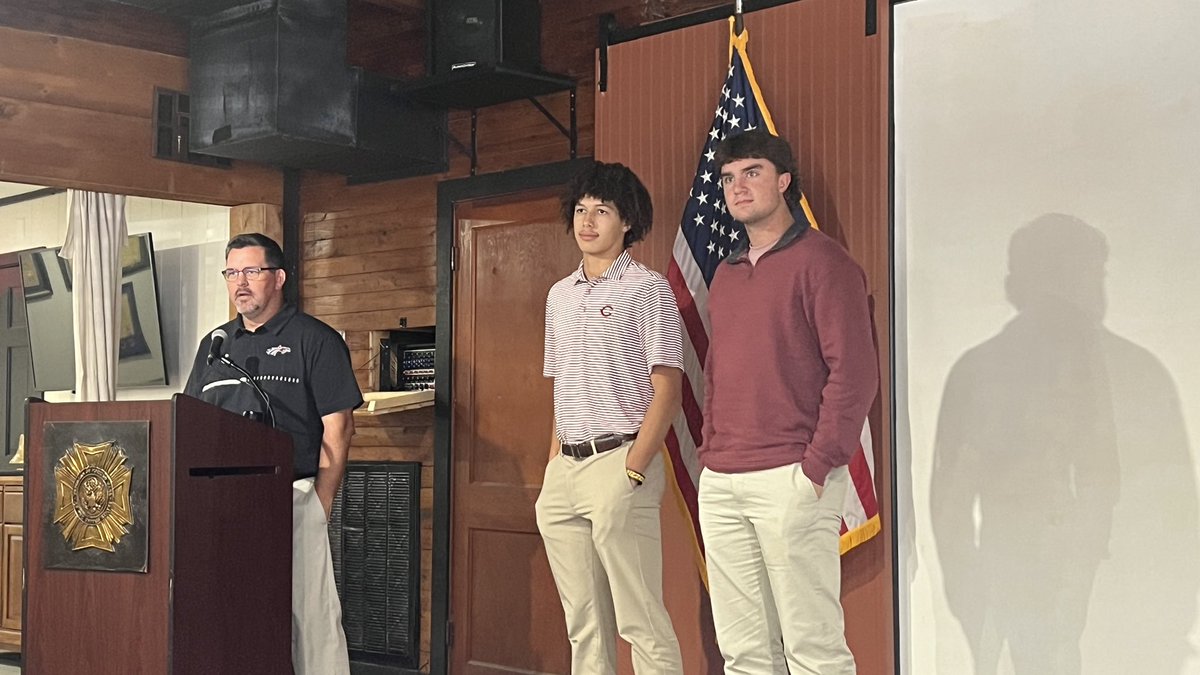 Head Coach Joe Rocconi and Captains Aidan Glover and Eli Sisson visited with the Collierville Rotary Club today to talk about <a href="/CHSDragonFB/">CHS Dragon Football</a> ahead of Friday’s game against Houston. <a href="/GoDragonsGo_/">TheVille Athletics</a>! 🐉🏈🎉