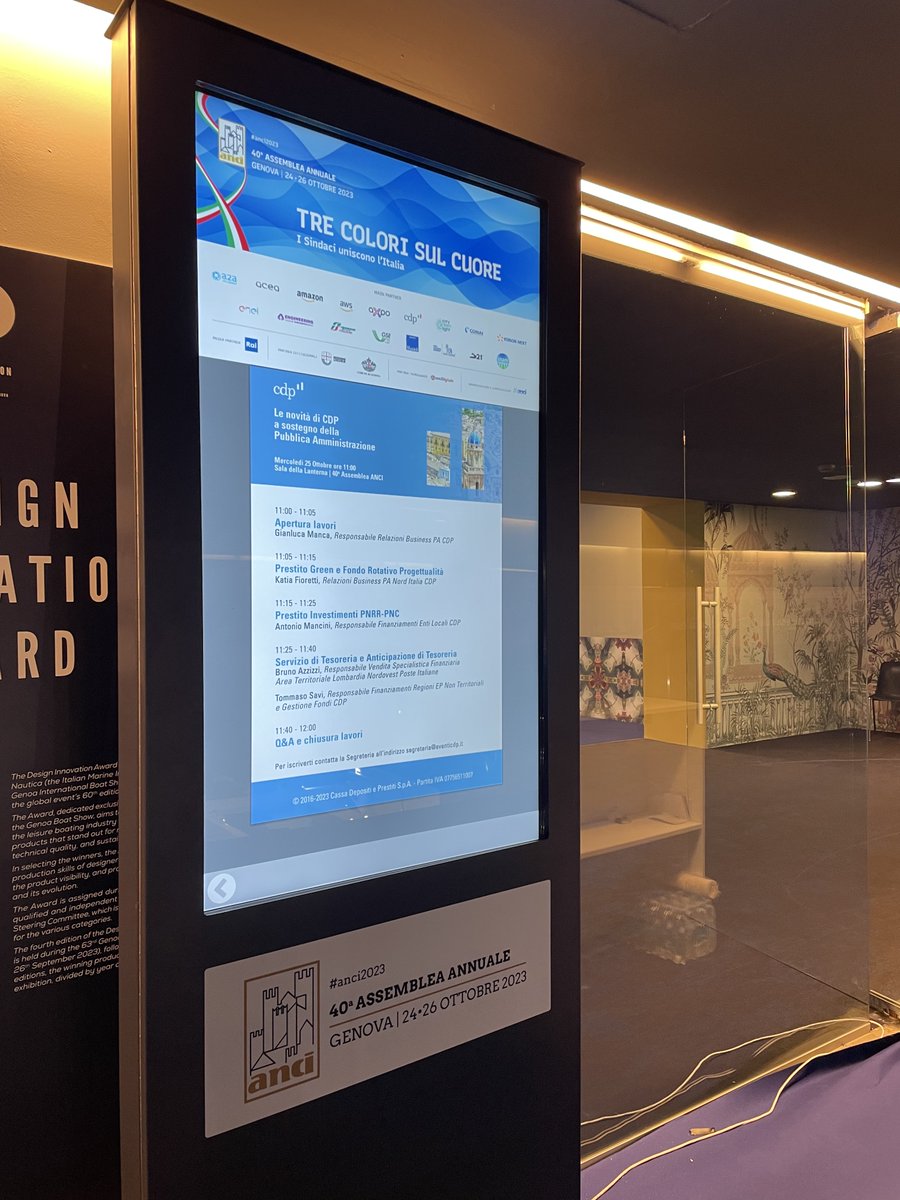 GruppoCDP's tweet image. Da oggi fino al 26 ottobre siamo a #Genova per la 40ª assemblea annuale @comuni_anci. #Entilocali e Istituzioni potranno incontrare gli esperti CDP per approfondire prodotti e soluzioni di finanziamento.

Scopri di più: bit.ly/CDP_AssembleaA…
#ANCI2023