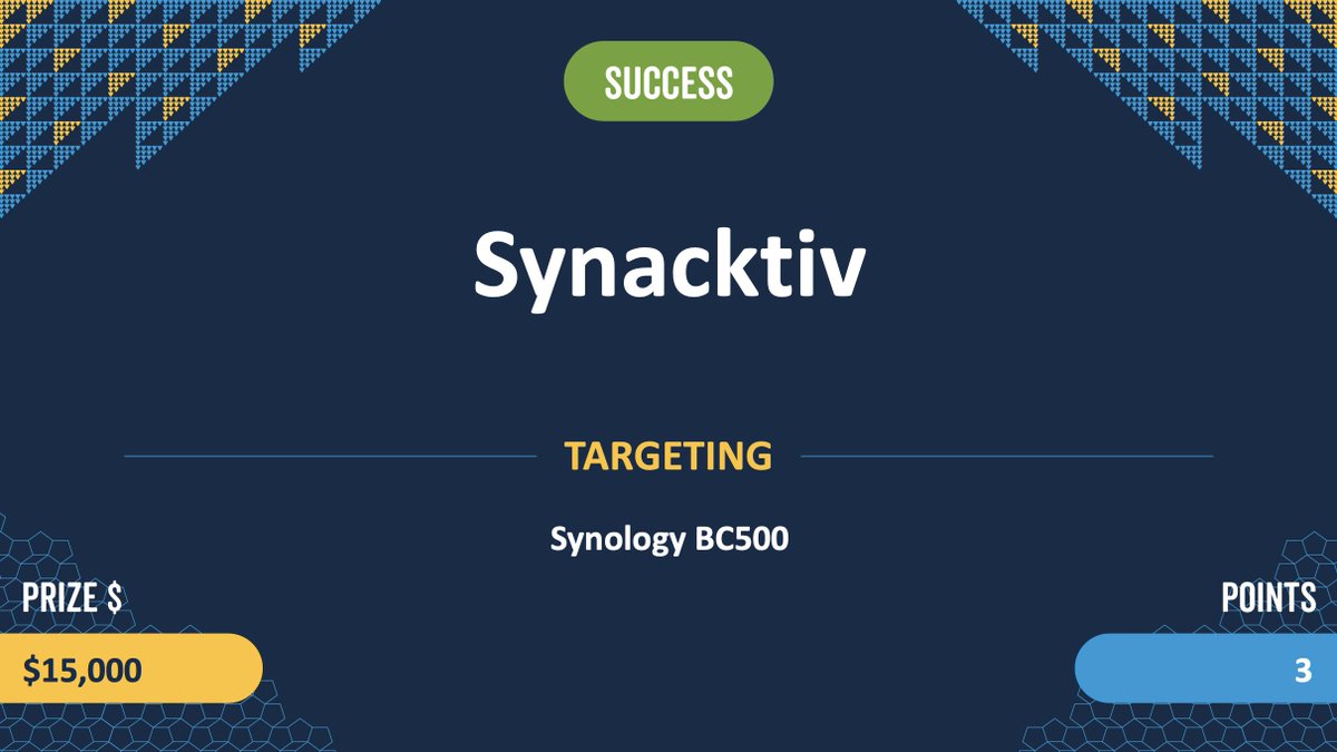 thezdi's tweet image. Success! Synacktiv was able to execute a 3-bug chain against the Synology BC500. They earn $15,000 and 3 Master of Pwn points. #Pwn2Own