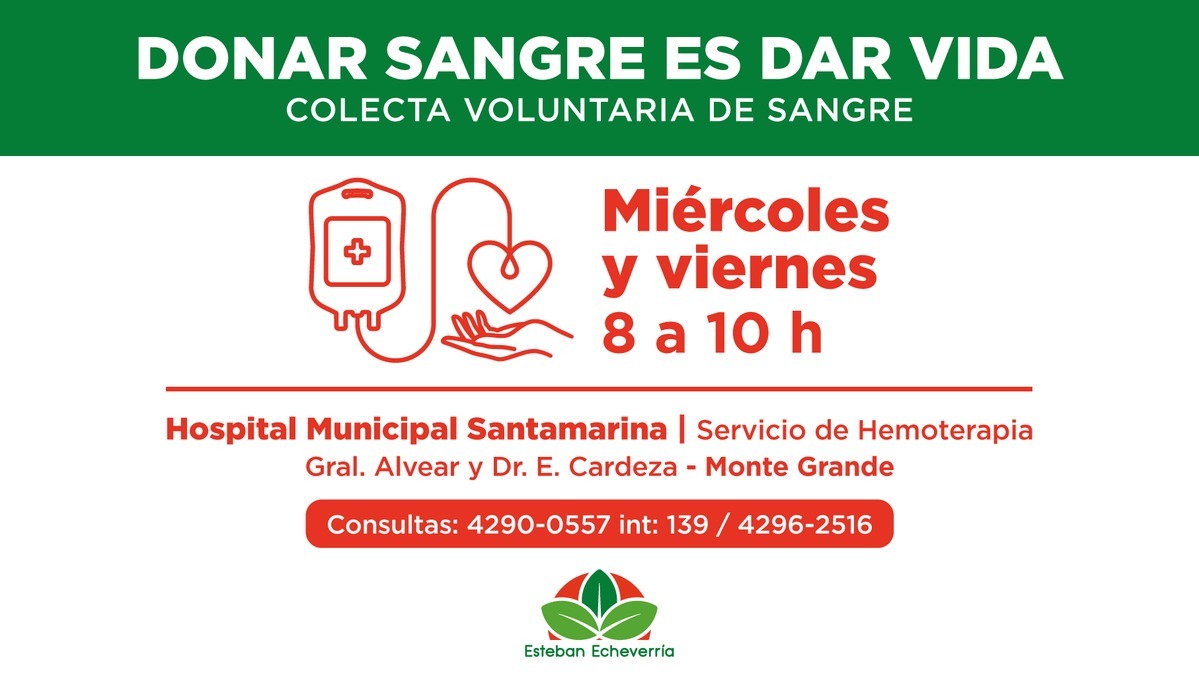 La donación es el único medio para obtener sangre y por eso es tan importante la voluntad de ser donante.
¡Acercate a donar!
📍 Hospital Municipal Santamarina, Servicio de Hemoterapia.
🕙 Miércoles y viernes de 8 a 10 h.
📞 Consultas: 4290-0557, int. 139 o 4296-2516
