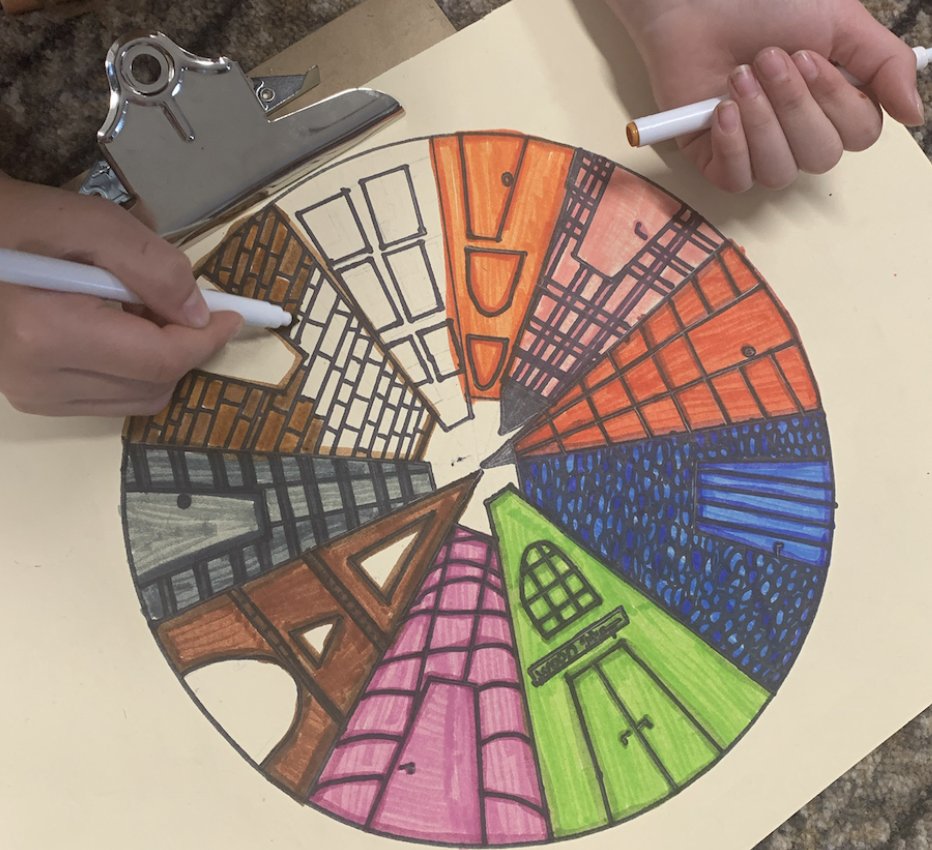In Art, we are also learning about the colour wheel and one-point perspective. Check out our awesome city art that we created using one-point perspective techniques.