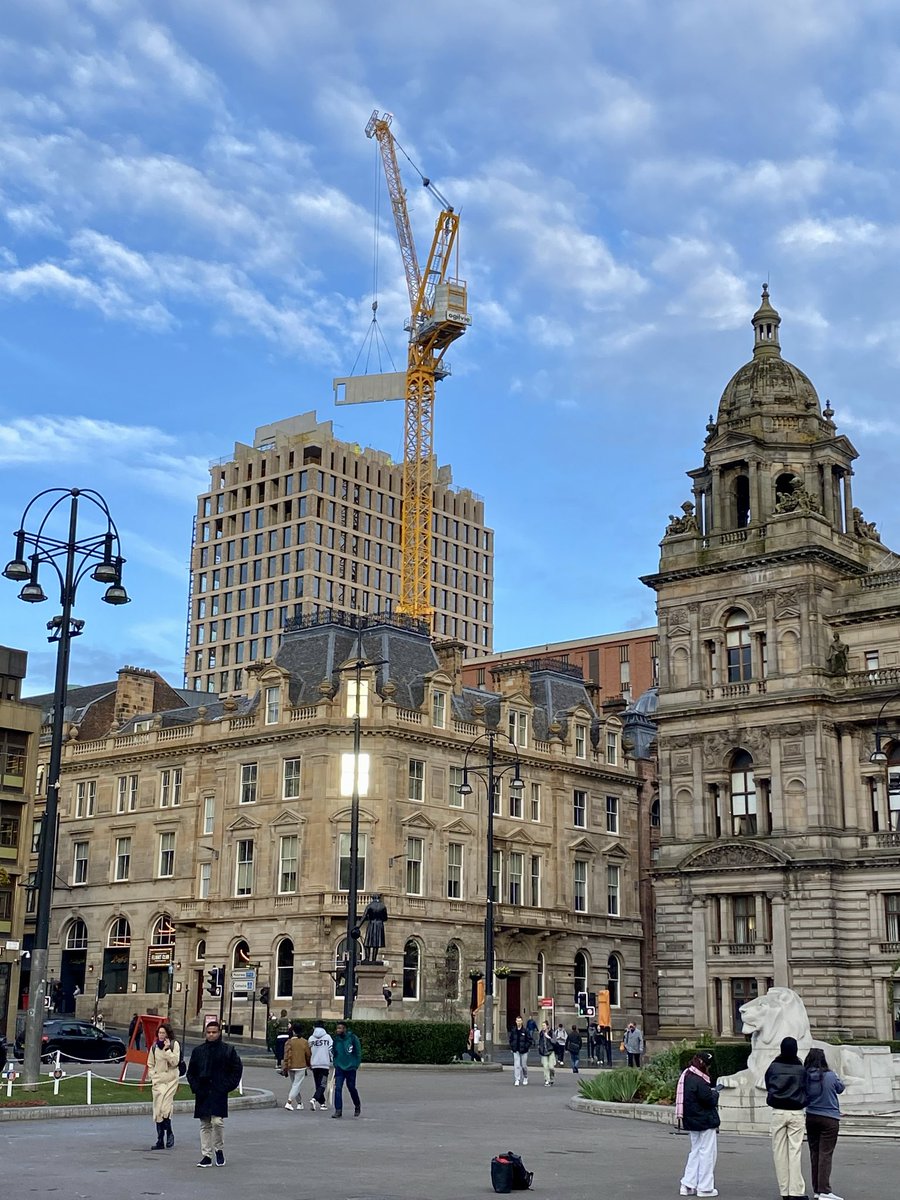 MurphyNiallGLA's tweet photo. #PlanningStuff in #Glasgow I’m enjoying seeing this new tower taking shape on the skyline of George Square as it’s being constructed. Fascinating to see the huge concrete panels being hoisted into place by the crane and how quickly the brick and glass curtain wall follows on 🤔! https://t.co/4EVRjB6NUG