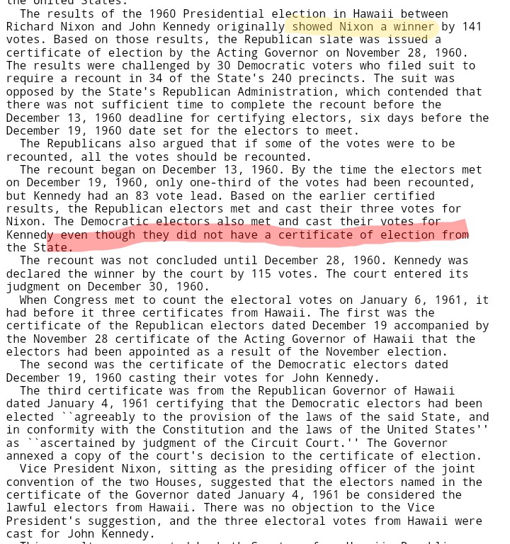 PNWAlerts's tweet photo. @AngryFleas @JaneLeicher @RickG123456 @PhilipBLee @mrcoolvibes17 So why was it okay for Democrat electors to make fake electoral votes in 1960?

Nixon was the official winner as of December.

Are you saying they should have waited until after the recount? https://t.co/lSyItnMctj
