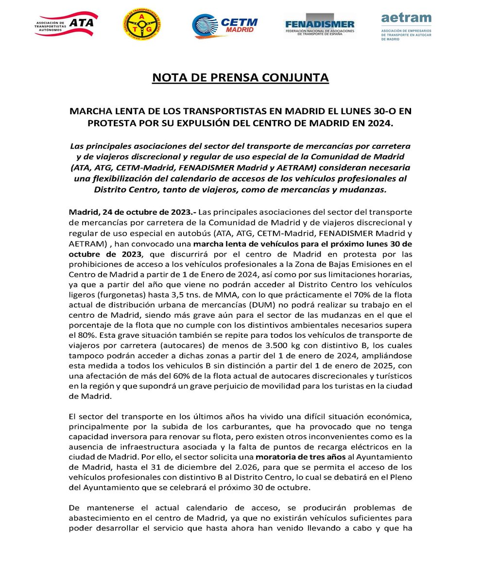 Atggetafe's tweet photo. Manifestación de los transportistas el próximo 30 de Octubre. https://t.co/nPV2hwXUnl