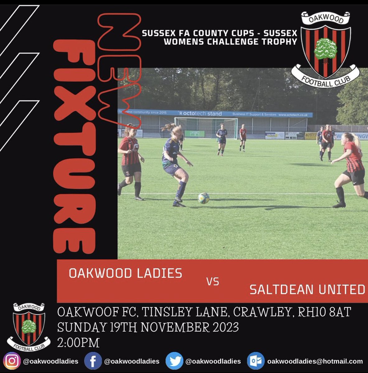 *** CHANGE OF FIXTURE ***

Sunday 19th November we will now be playing <a href="/SaltdeanWomenFC/">Saltdean United Women FC</a> DS Team in the Semi Final of the Sussex Women’s Challenge Trophy @ Oakwood FC 2pm kick off 👏👏 <a href="/OakwoodFC/">Oakwood FC</a>