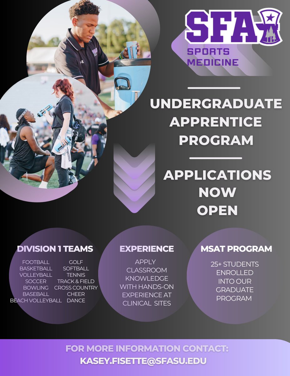 🗣️🗣️JACKS!
🪓Applications are now OPEN for our Undergraduate Apprentice Program!
🪓Grow, learn, &amp; work with a variety of sports we have here at SFA!
🪓Apply now &amp; help SFA Sports Medicine provide exceptional care to our student-athletes!
#GotYourBackJacks x #AxeEm x #RaiseTheAxe