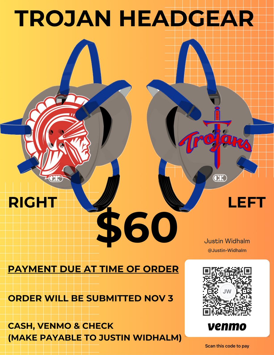 Reminder that Trojan headgear order will go out next Friday November 3rd. Payment must be made to me prior to order. Price includes headgear and artwork.
