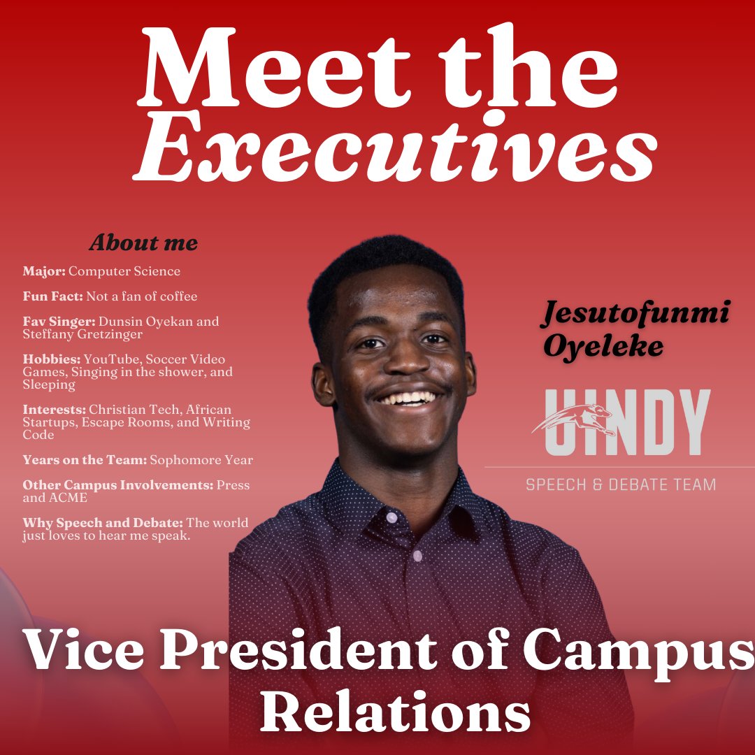 UIndySpeech's tweet photo. The next Exec on the team to meet is 
Jesutofunmi Oyeleke, or Tofunmi. In typical Tofunmi style, he gave his information a day late, but we still love him, and all he has done on the team, and you are right; the world needs to hear you speak!! @uindy @Shaheen_College https://t.co/gDSM94Ghie
