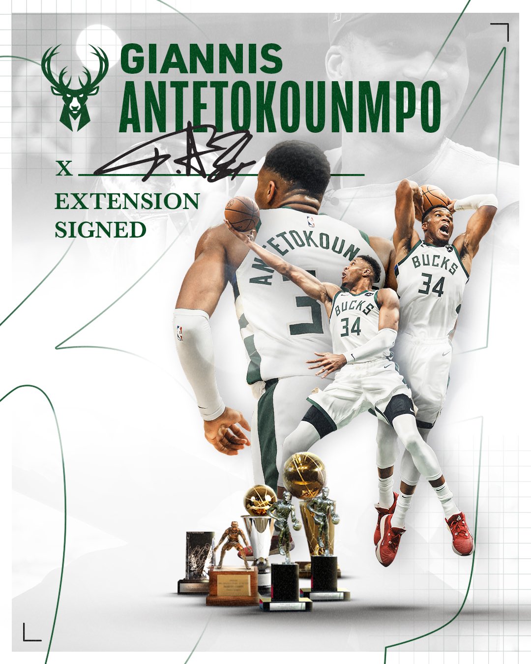 A graphic featuring multiple photo cutouts of Giannis Antetokounmpo wearing a white Bucks uniform, plus one championship trophy and five awards, over a white background that includes number 34 and a faded image of Giannis smiling. Text on the graphic reads, “Giannis Antetokounmpo. Extension signed” with his signature.