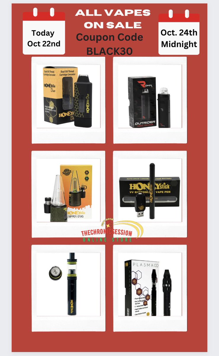 ChronicSession's tweet photo. Take 30% off all #vaperizers #vapelife #dabpens use #couponcode BLACK30 ends at #midnight #clicktosave 👉🏿 https://t.co/3bPcYQYnTt https://t.co/552x68oaFY