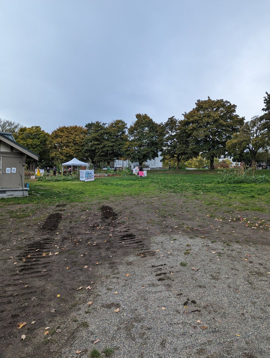 This morning, Seattle Parks and Rec and SPD again threatened the Black Lives Memorial Garden in Cal Anderson Park with destruction, showing up with heavy machinery (see the tread marks below). About 50 community members showed up to successfully stop the demolition.
