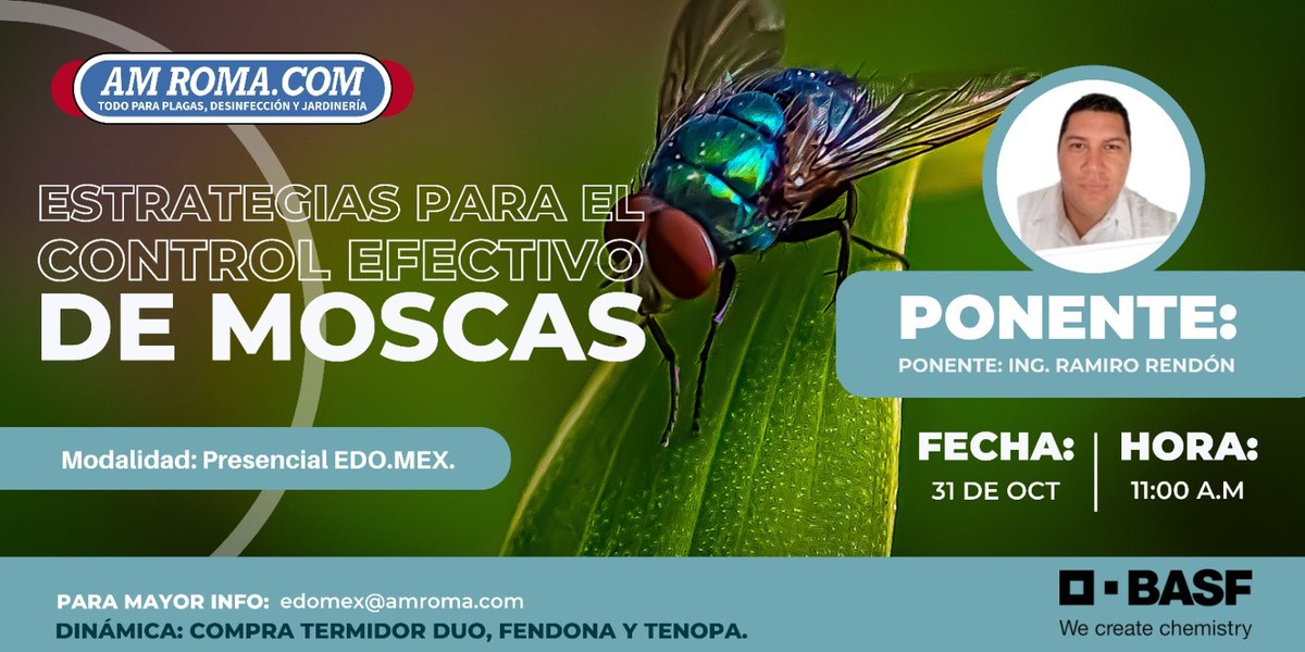 amroma_com's tweet photo. 🚨 ¡ATENCIÓN EDOMEX! 🚨

🪰👆🏼 No te puedes perder nuestra capacitación de "estrategias para el control de efectivo de moscas" este 31 de octubre a las 11:00 AM 

✅ Modalidad: Presencial

📞‼️ Contacta a tu asesor técnico comercial‼️📞 https://t.co/iSw3vGAoDj