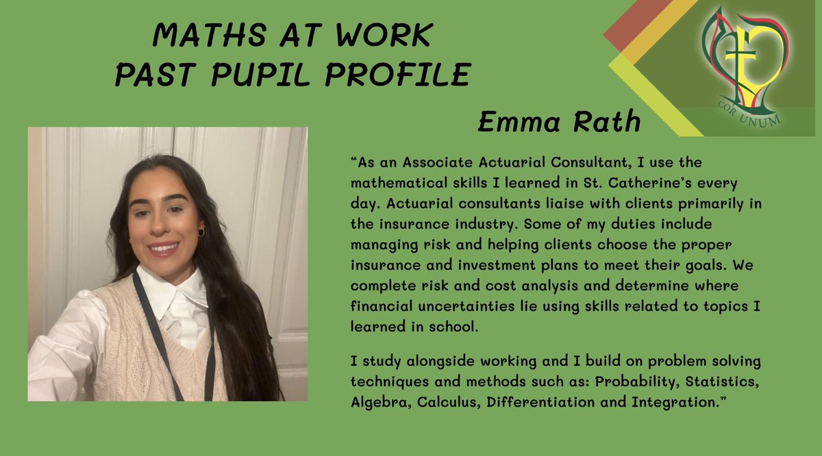 MathsStCaths's tweet photo. The focus of @mathsweek this year was how we use Maths. To celebrate this we asked some of our past pupils how they use Maths in their current job! Thanks to Aine, Emma and Donna for taking the time to share how they #usemaths! #welovemaths #corunum ๐งฎ๐ฉ๐ฝโ๐ผ https://t.co/1WW3XewuuO