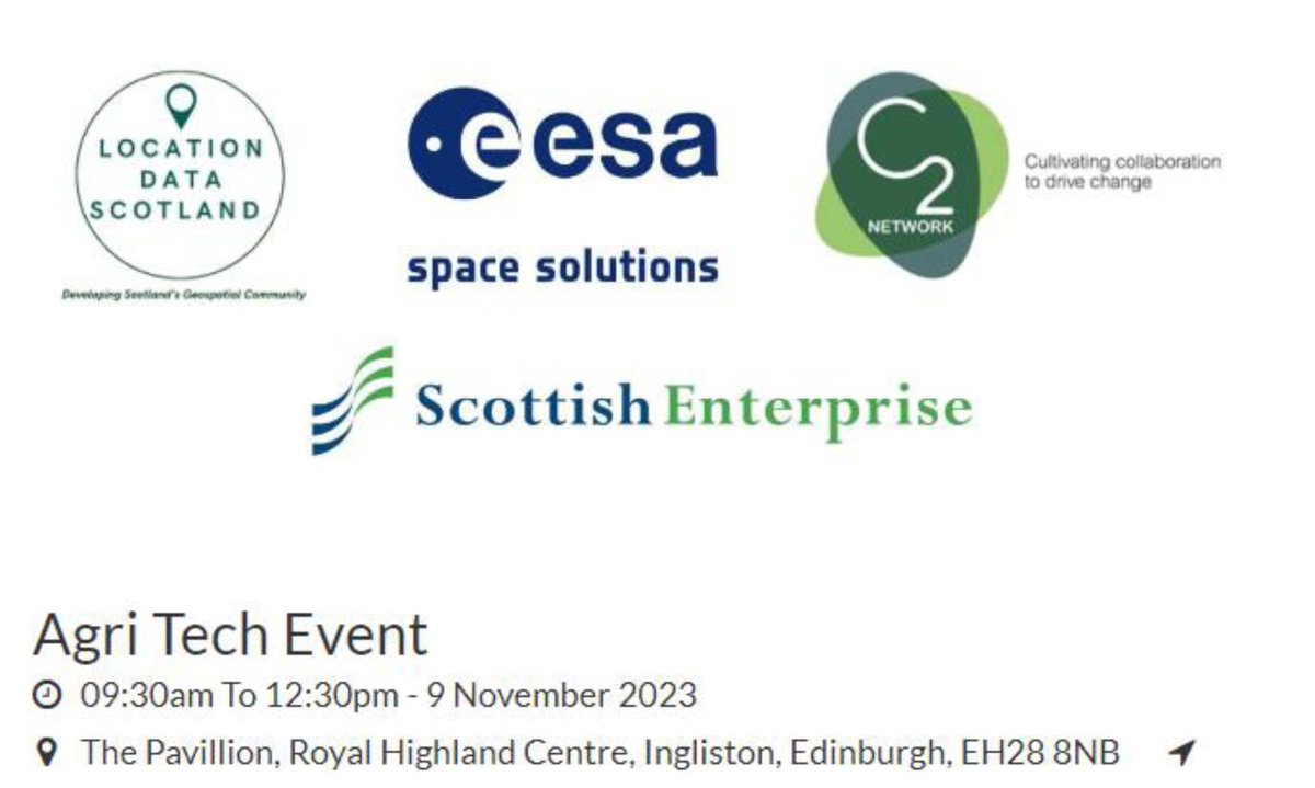 Just a few places left for this event on 9th Nov in the Members' Pavillion at the Royal Highland Showground - get signed up now! Join the discussion on the possibilities for space data with @C2Network and its collaborative partners. More info/register at locationdatascotland.com/fat-event/agri…