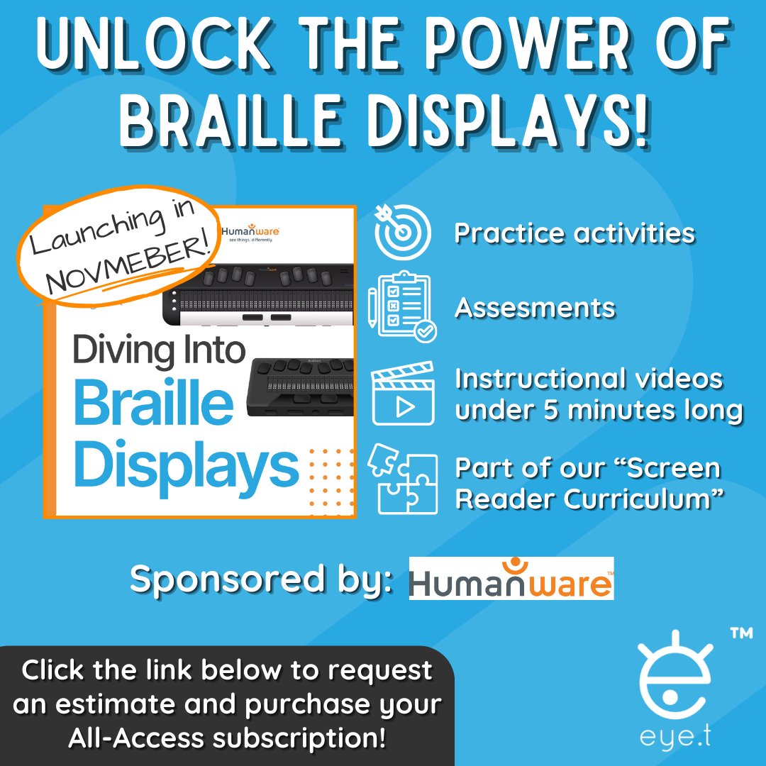 Introducing "Diving into Braille Displays" sponsored by Humanware! Our concise videos equip you to use braille displays effectively, launching in November for our All-Access subscribers. Click the link below to request an estimate and subscribe now!

loom.ly/yTOGLQY