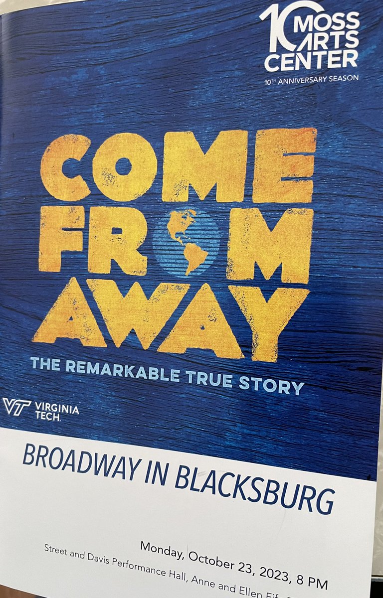 Attended “Come from Away” last night in Blacksburg at @ArtscenteratVT Thanks @RuthWaalkes Saw the show on Broadway last year. Outstanding! Powerful! Timely! A must see!@wecomefromaway check out their North American Tour