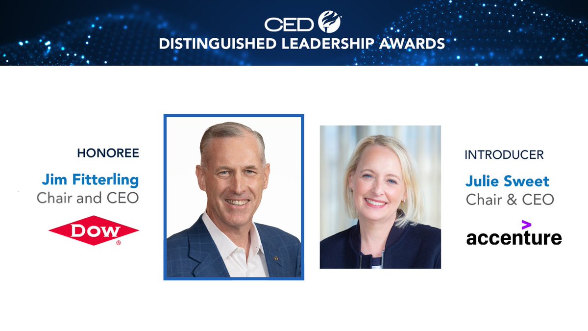 In 2 days, we'll honor the best of #business at the 2023 Distinguished Leadership Awards. Today, we’re extending our congratulations to honoree @JimFitterling, Chair & CEO of @DowNewsroom. Presenting his award will be Julie Sweet, Chair & CEO of Accenture. ow.ly/10KM50Q0i61