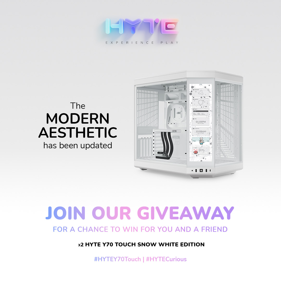 HYTE on X: In celebration of the HYTE Y70 Touch launch we are giving away  TWO (2) HYTE Y70 Touch in the all white Snow White edition cases to a lucky  winner