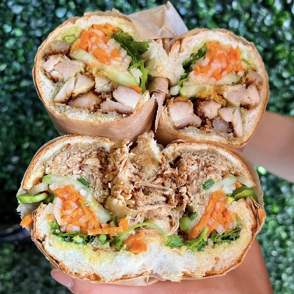 Chicken on chicken 🐓 our BBQ Lemongrass Chicken (top) and Shredded Chicken Bánh Mì (bottom) , both delicious and savory! 😋 Order online from today through Saturday from 10:30 AM to 2 PM 😁