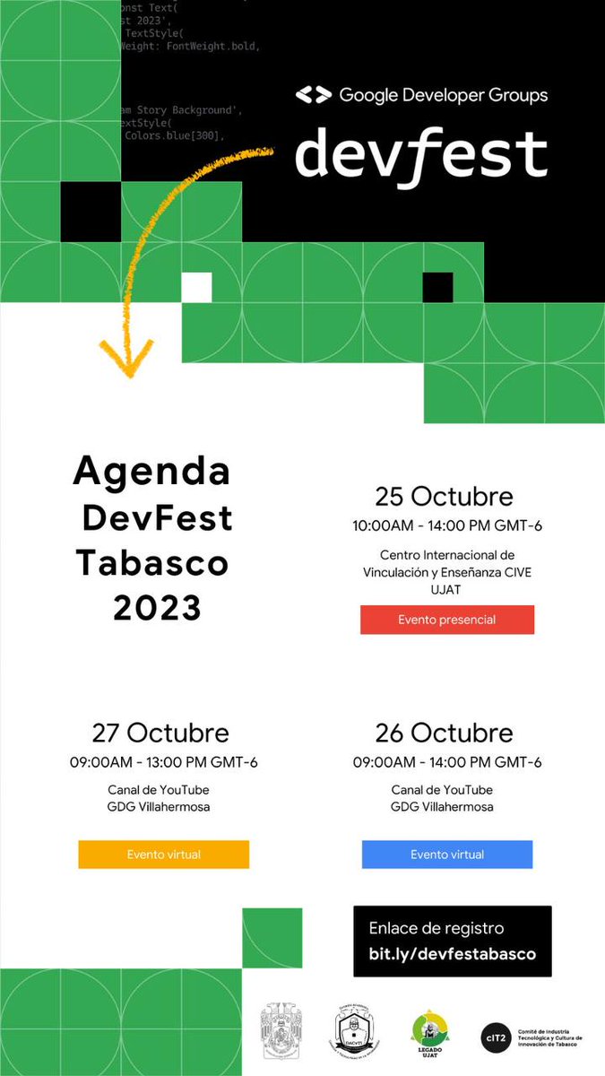 UJAT_DACYTI's tweet photo. Conoce la agenda del #DevFestTabasco 2023.
📷 Registro 📷 https://t.co/5s6XUTKwyy
#devfest2023 #devfestabasco #gdgvillahermosa #UJAT #cit2 https://t.co/t1YkmIEJ5U