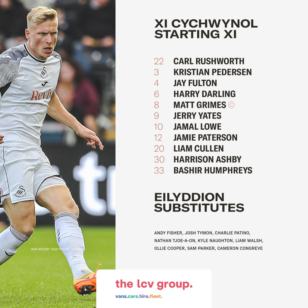 SwansOfficial's tweet photo. ⚠️ 𝗦𝗧𝗔𝗥𝗧𝗜𝗡𝗚 𝗫𝗜 ⚠️

Here's how the #Swans line up for this evening's @SkyBetChamp fixture 🆚 Watford. 

Brought to you in partnership with @the_lcvgroup. https://t.co/HJSAJywMZE