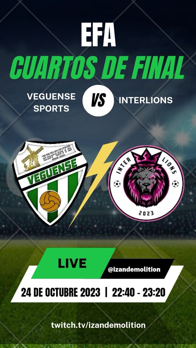 Hoy toca retransmitir los cuartos de final de EFA
@Veguense_eSp - <a href="/InterLionsCP/">Inter Lions</a> 
A las 22:40 en directo en el canal de twitch de izandemolition