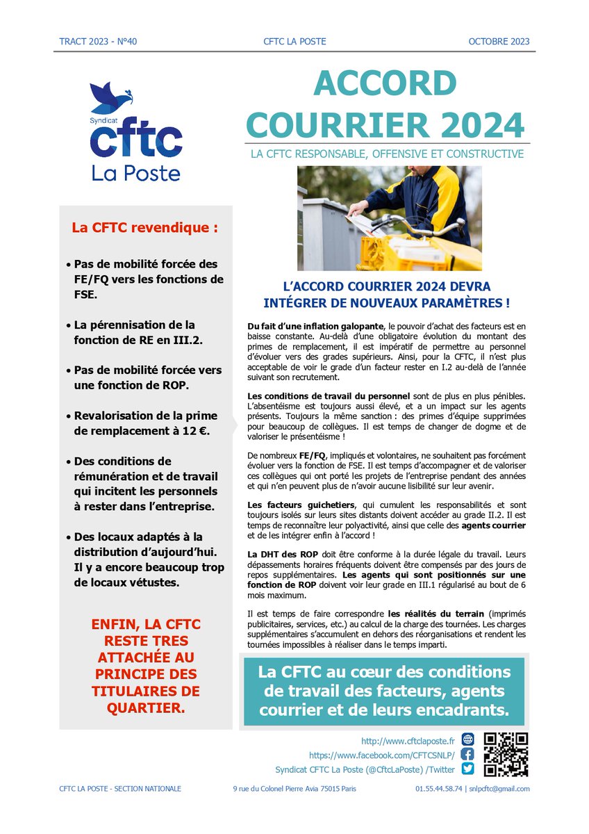 CftcLaPoste's tweet photo. L’ACCORD COURRIER 2024 DEVRA INTÉGRER DE NOUVEAUX PARAMÈTRES ! https://t.co/XH3OYZDhBk