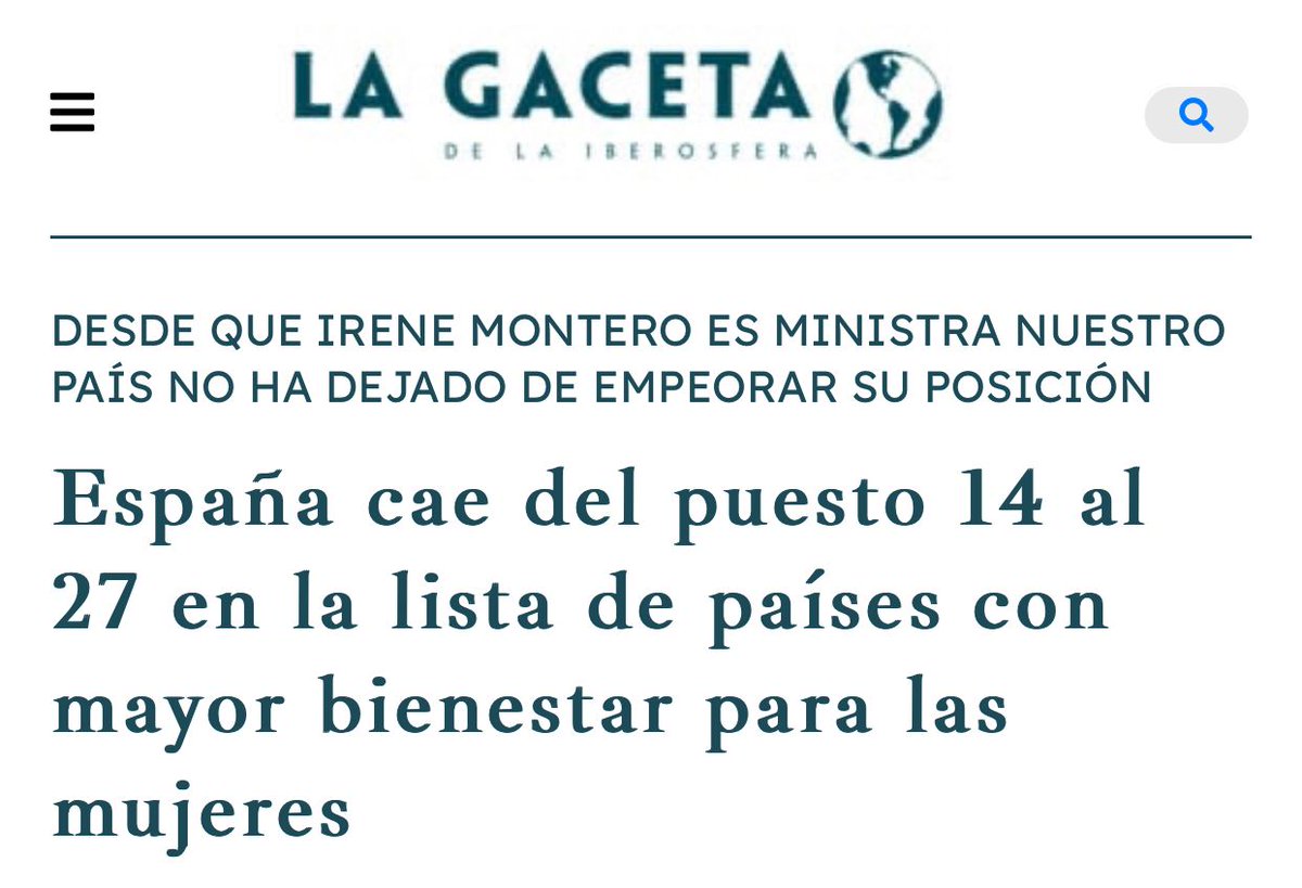España se ha desplomado 13 puestos en la lista de países con más seguridad para las mujeres desde que Irene Montero es Ministra. 

Su única política "feminista" ha sido aprobar la ley Trans que borra a las mujeres, soltar violadores e importar delincuentes.