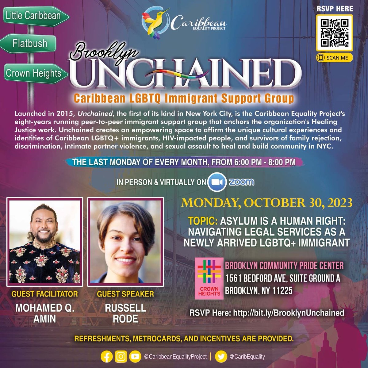 CaribEquality's tweet photo. Our #LittleCaribbean fall 2023 Unchained: #CaribbeanLGBTQ+ support group happens on Monday! 

👻 RSVP: https://t.co/fysbD4nuBP 

🧚🏽‍♂️10/30 @ 6PM 

🧟‍♂️: #BrooklynCommunityPrideCenter 1561 Bedford Ave Ste. Ground A Brooklyn NY 11225

🎃Facilitator @MohamedQAmin 🏳️‍🌈with special guests. https://t.co/gegIDUkNJO