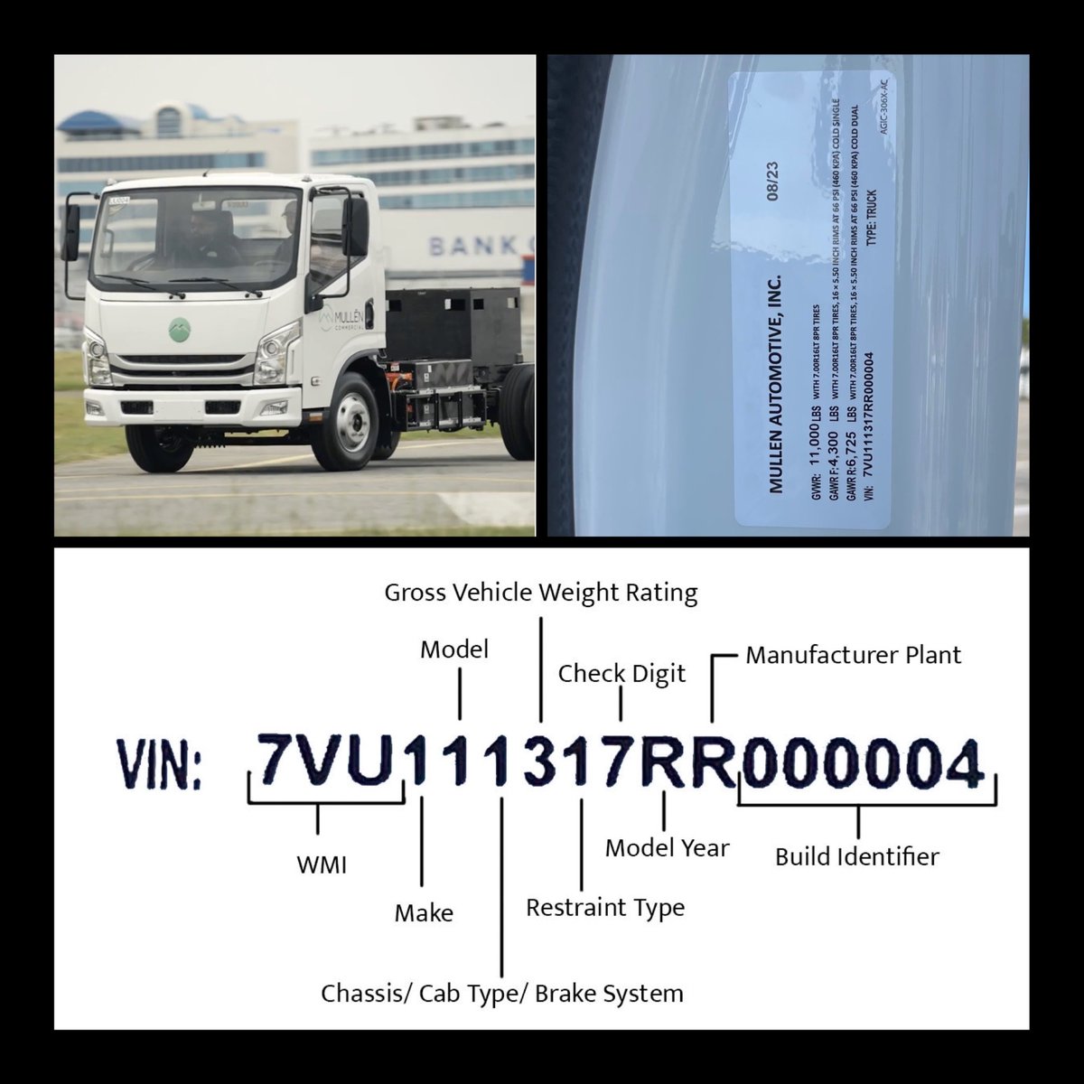 BollingerInnov's tweet photo. Check out the Vehicle Identification Number (VIN) for our #MullenTHREE electric truck! This is a production-level VIN assigned to us, Mullen Automotive. Fun fact: this particular vehicle was the 4th to make it off the assembly line. 

All of our class 3 cab chassis trucks come off the production line and are sold as an "Incomplete Vehicle" VIN and must go to an upfitter to upfit the chassis with a box, flatbed, etc. Once the vehicle has gone through upfitting, it is then officially registered as a "Completed Vehicle" VIN.

Learn more about the Mullen THREE and our commercial upfit solutions: https://t.co/Aom1PpzKU0
