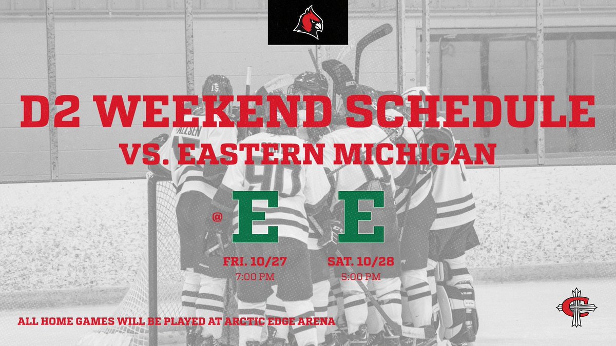CUAA_MHockey's tweet photo. WEEKEND PREVIEW: 
The D2 team faces Eastern Michigan this weekend in a battle for the Huron Cup! Come support your Cardinals on Friday at the Ann Arbor Ice Cube, and on our home ice Saturday at Arctic Edge. 

#Allin #CardinalsRiseAbove https://t.co/i64BiQ583V