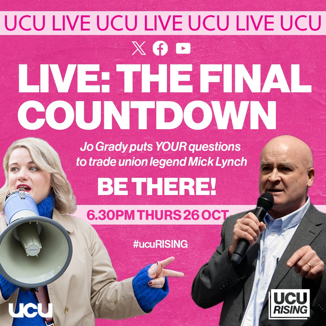 As we countdown the last days of our crucial #ucuRISING ballot, join Jo Grady and Mick Lynch this Thursday eve on X, YouTube youtube.com/watch?v=UF2Urr… or Facebook facebook.com/events/6447457…