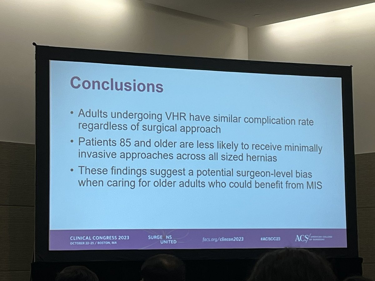 EstherJiinOh's tweet photo. @stankalatamd @AndrewMIbrahim @susieQP8 @bfry04 @MSQC_COHR @emilyelisaevans @MeganJaneway @DrJohnScott @sherrithumma @MSU_Osteopathic @UMichCHOPFellow Look at @chriswreynolds go!!😆He presented on surgeon-level variation in ventral hernia repair for older adults. 🔍Findings: Similar complication rates across surgical approaches, but those 85+ are less likely to get minimally invasive options. Thank you Chris and @MSQC_COHR! https://t.co/UAqtBkUoPD