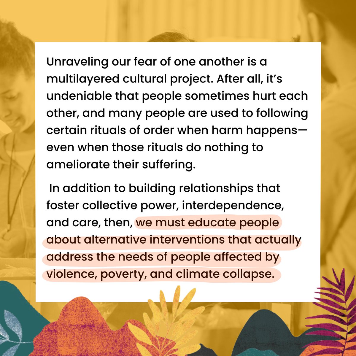 “People are capable of generating social mechanisms and relations that foster safety and understanding within communities.”

Mariame Kaba and Kelly Hayes highlight the potential we have to reduce harm through mutual aid and communal care. 

👉 Article: inquest.org/rejecting-our-…