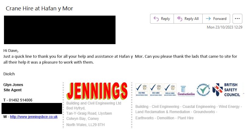 We received this great email from Glyn Jones of Jennings Building and Civil Engineering Ltd, yesterday.

Thanks Glyn.
