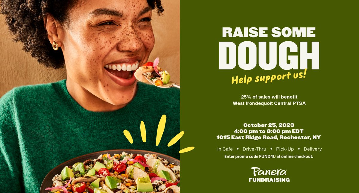 TOMORROW NIGHT: The West Irondequoit Central PTSA is hosting another fundraiser at Panera, 1015 E. Ridge Road from 4-8 PM THIS WEDNESDAY (10/25).

Make sure to use the code FUND4U!

<a href="/wicptsa/">West Irondequoit Central PTSA</a>