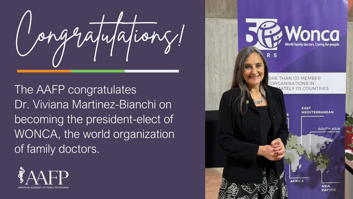 Join us in congratulating #AAFP member Dr. Viviana Martinez-Bianchi (<a href="/vivimbmd/">Viviana Martinez Bianchi</a>) on becoming the 2023-2025 president-elect of <a href="/WoncaWorld/">WONCA</a>!