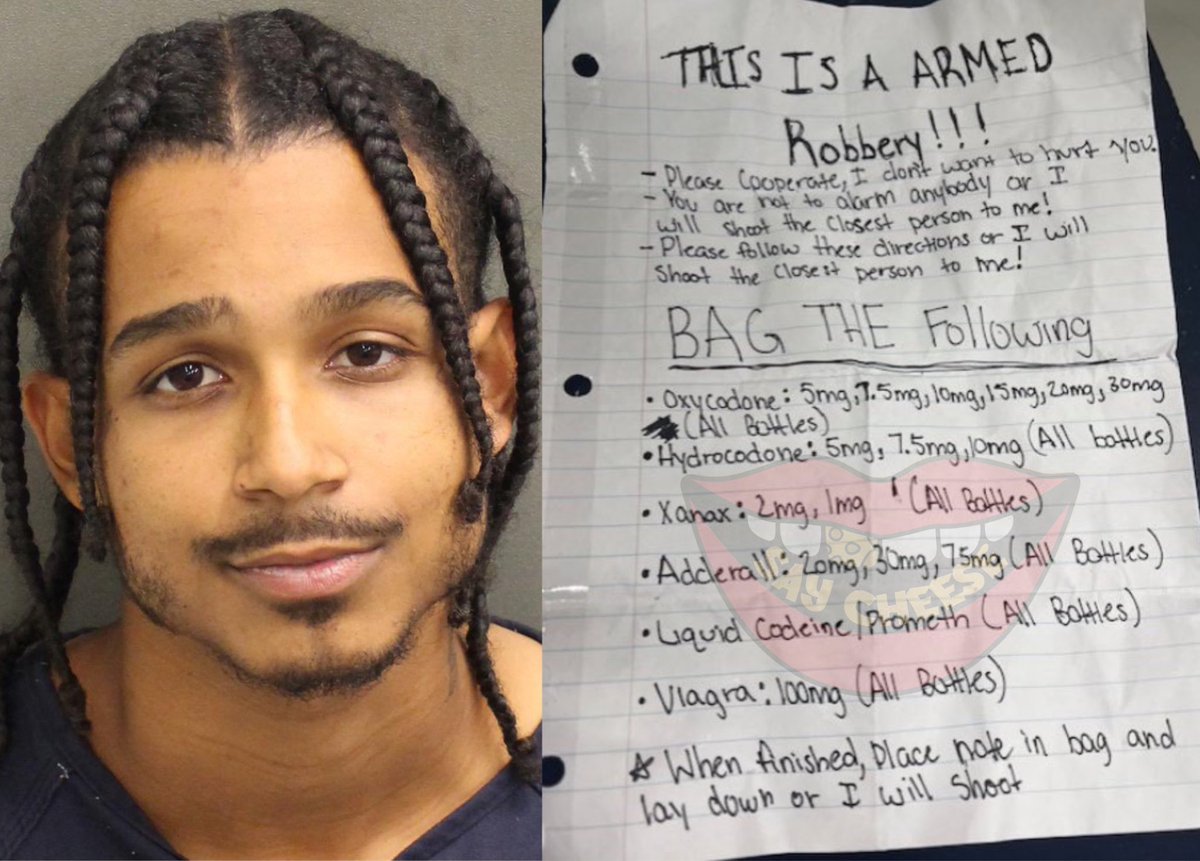 SaycheeseDGTL's tweet photo. A 23-year-old man has been arrested after allegedly holding up a CVS Pharmacy in Orlando with a note threatening to shoot over several bottles of prescription drugs. 🔫 https://t.co/aTZL6NSNoN