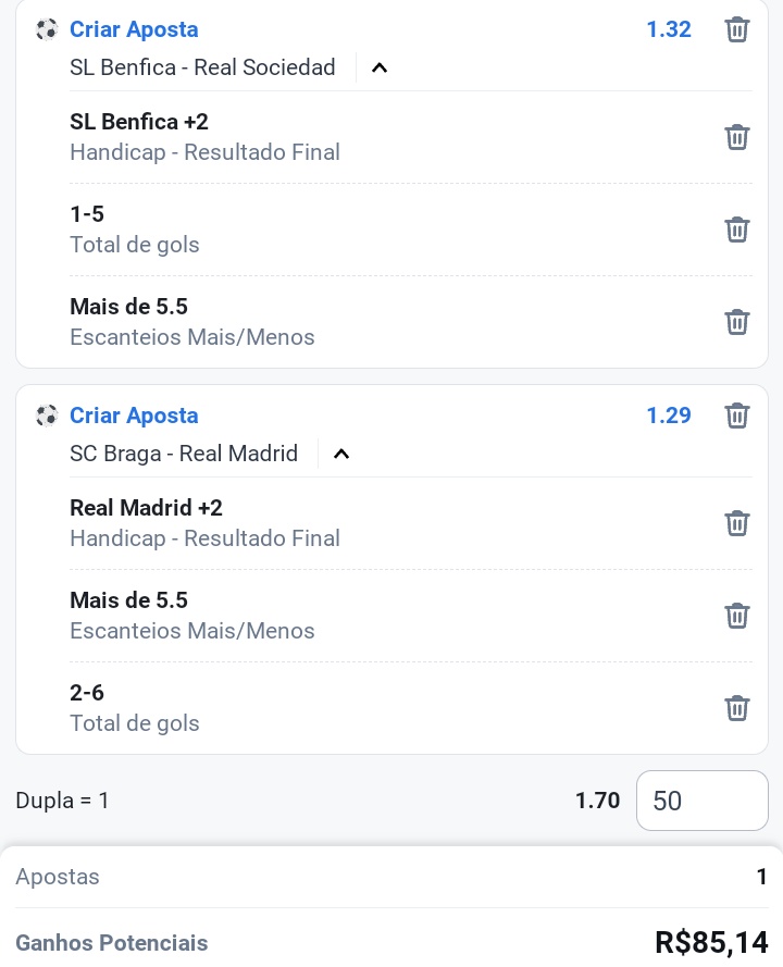 Vamos com essa dupla pra hoje🔥🔥

⚽UCL
🏠Betano
📌1.70
💰1 unidade